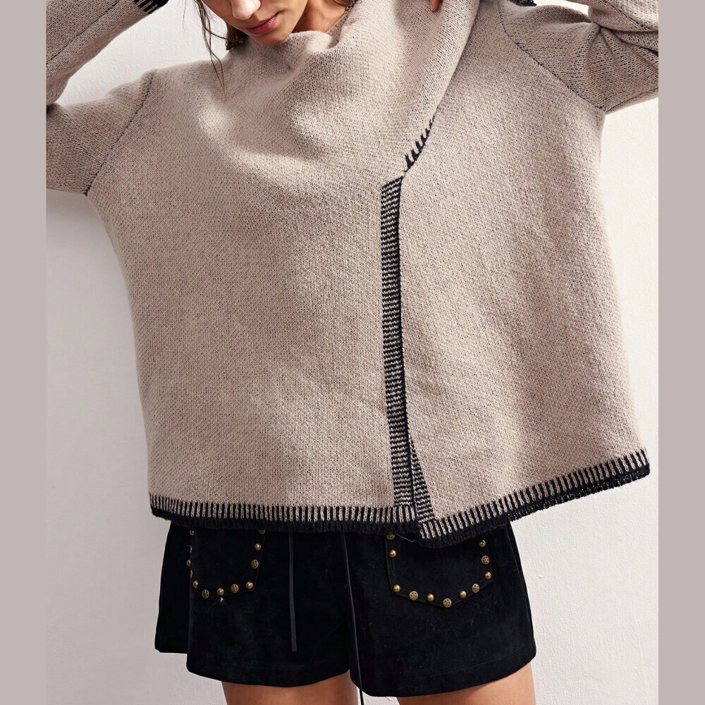 Taupe Gray Contrast Whip Stitch Shawl Collar Oversized Cardigan Sweater
